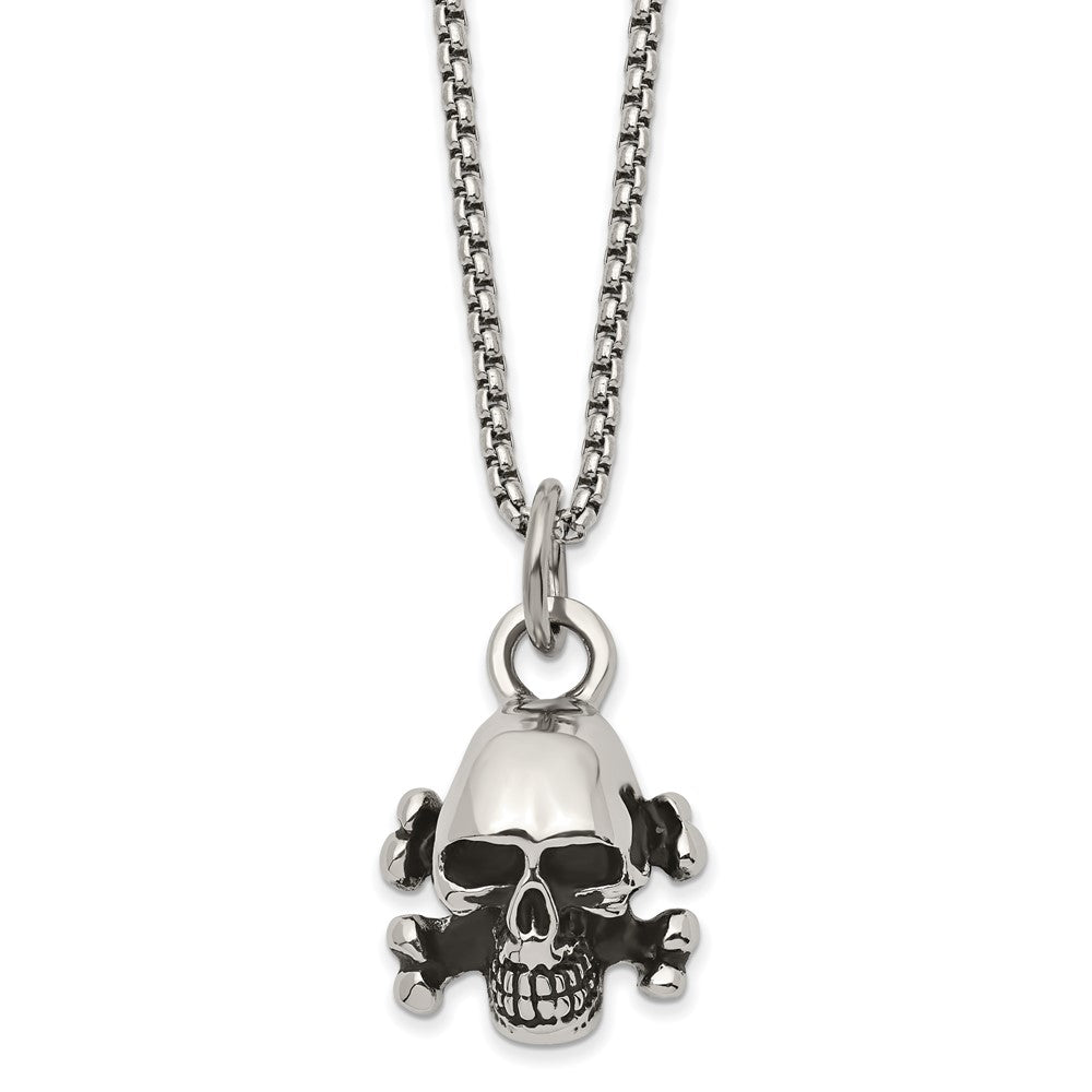 Mens Stainless Steel Antiqued & Polished Small Skull Necklace, 24 Inch, Item N23056 by The Black Bow Jewelry Co.
