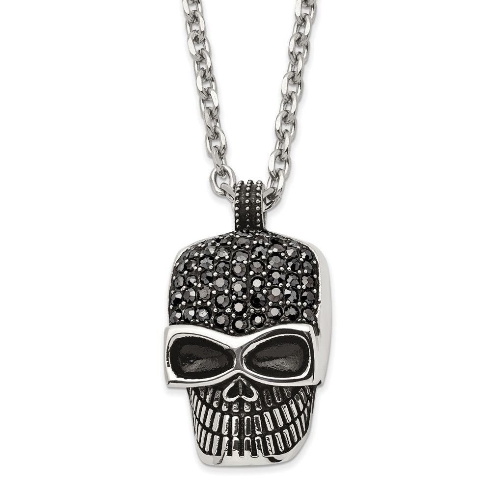 Men's Stainless Steel & Black Crystal Large Skull Necklace, 24 Inch, Item N23057 by The Black Bow Jewelry Co.