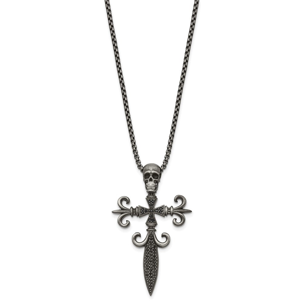 Alternate view of the Stainless Steel Antique White Bronze-Plated CZ Cross Necklace, 24 Inch by The Black Bow Jewelry Co.