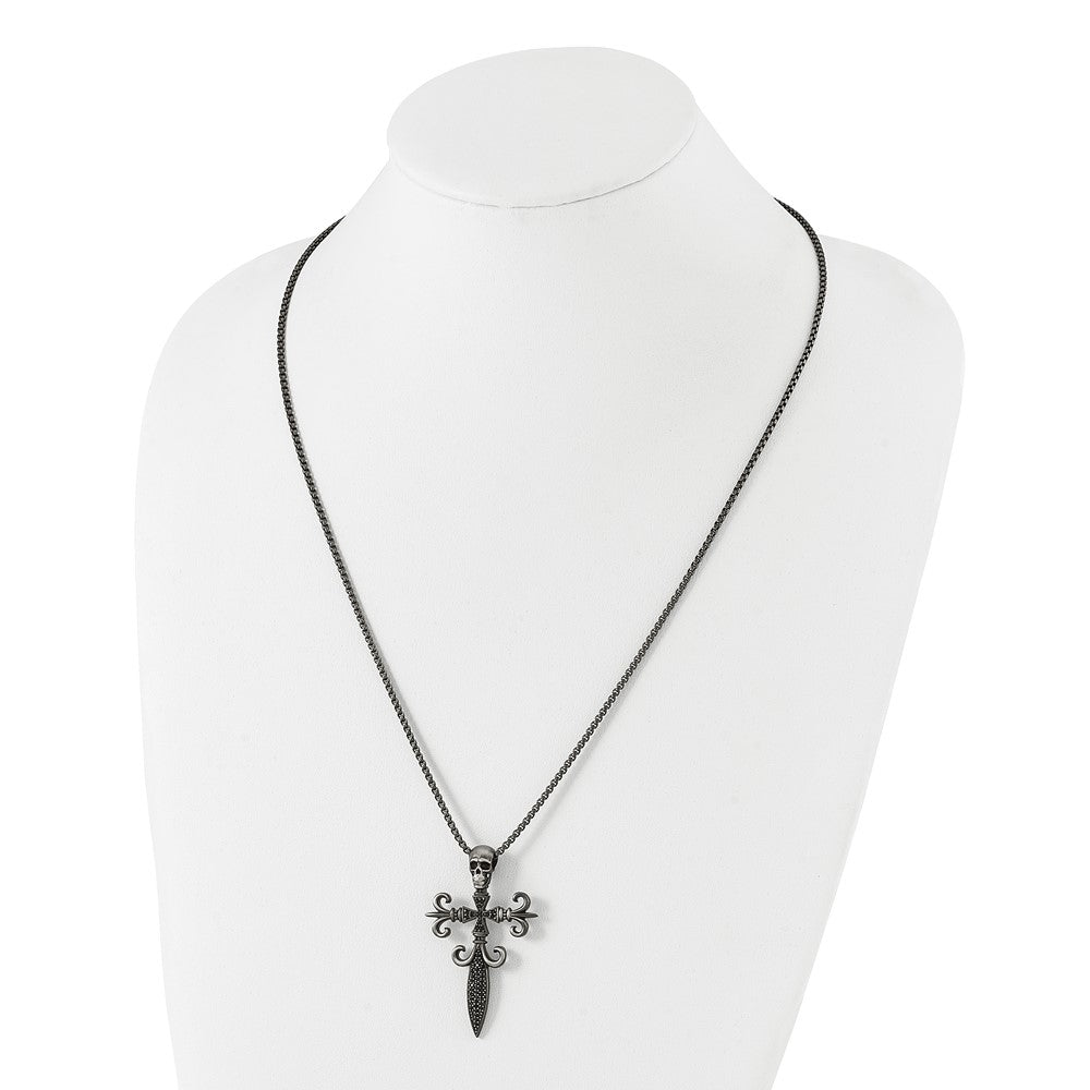 Alternate view of the Stainless Steel Antique White Bronze-Plated CZ Cross Necklace, 24 Inch by The Black Bow Jewelry Co.