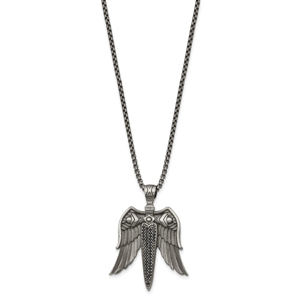 Alternate view of the Stainless Steel Antique White Bronze-Plated & CZ Sword Necklace, 24 In by The Black Bow Jewelry Co.