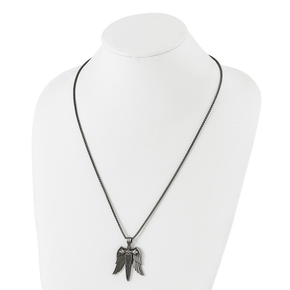 Alternate view of the Stainless Steel Antique White Bronze-Plated & CZ Sword Necklace, 24 In by The Black Bow Jewelry Co.