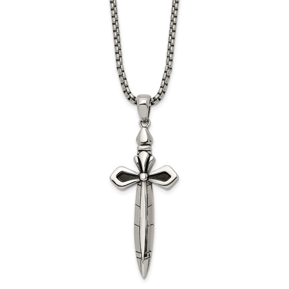 Stainless Steel Antiqued & Polished Cross Sword Necklace, 24 Inch, Item N23065 by The Black Bow Jewelry Co.