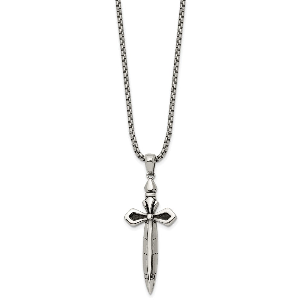 Alternate view of the Stainless Steel Antiqued & Polished Cross Sword Necklace, 24 Inch by The Black Bow Jewelry Co.