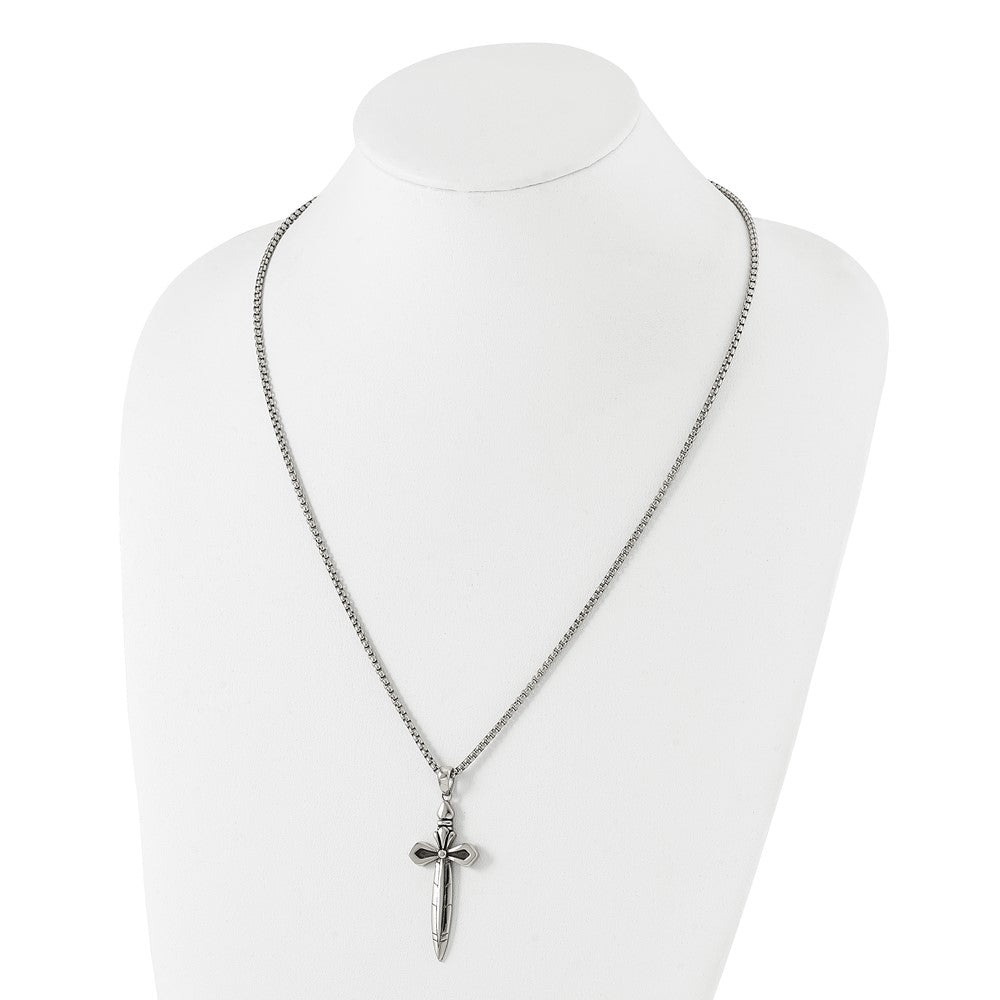 Alternate view of the Stainless Steel Antiqued & Polished Cross Sword Necklace, 24 Inch by The Black Bow Jewelry Co.