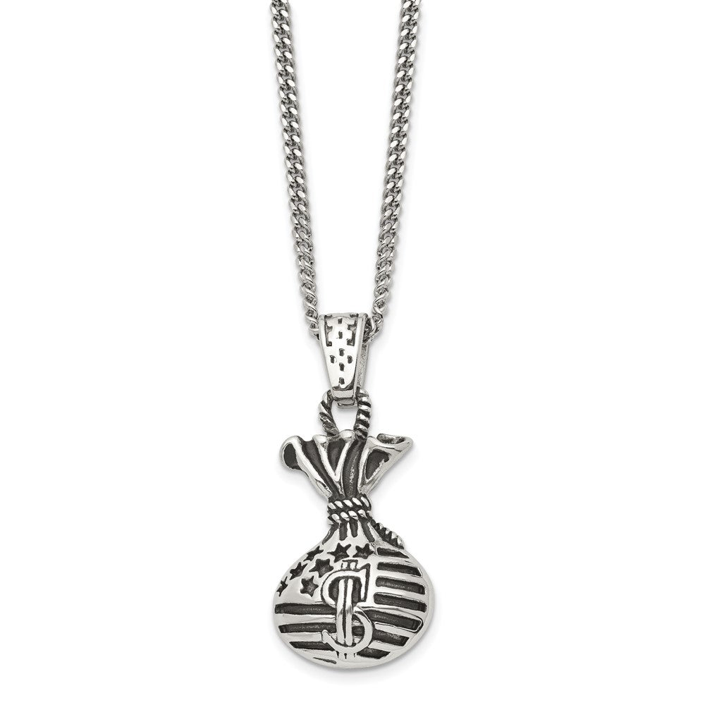 Stainless Steel Antiqued Money Bag Necklace, 22 Inch, Item N23067 by The Black Bow Jewelry Co.