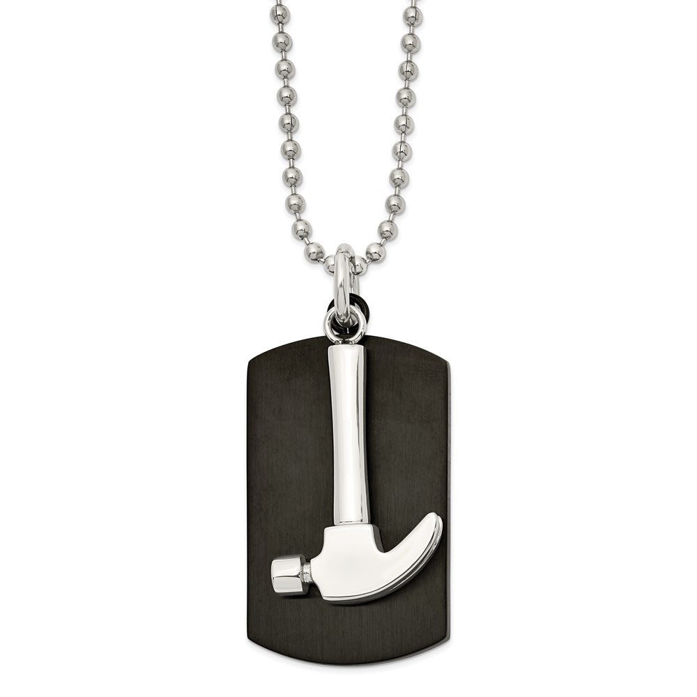 Mens Stainless Steel & Black Plated Hammer & Dog Tag Necklace, 24 Inch, Item N23074 by The Black Bow Jewelry Co.