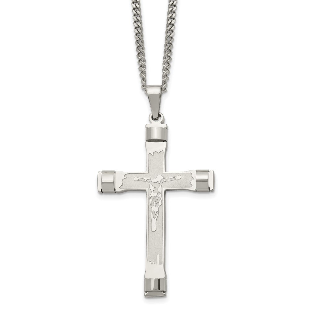 Men's Stainless Steel LG Brushed Polished Crucifix Necklace, 22