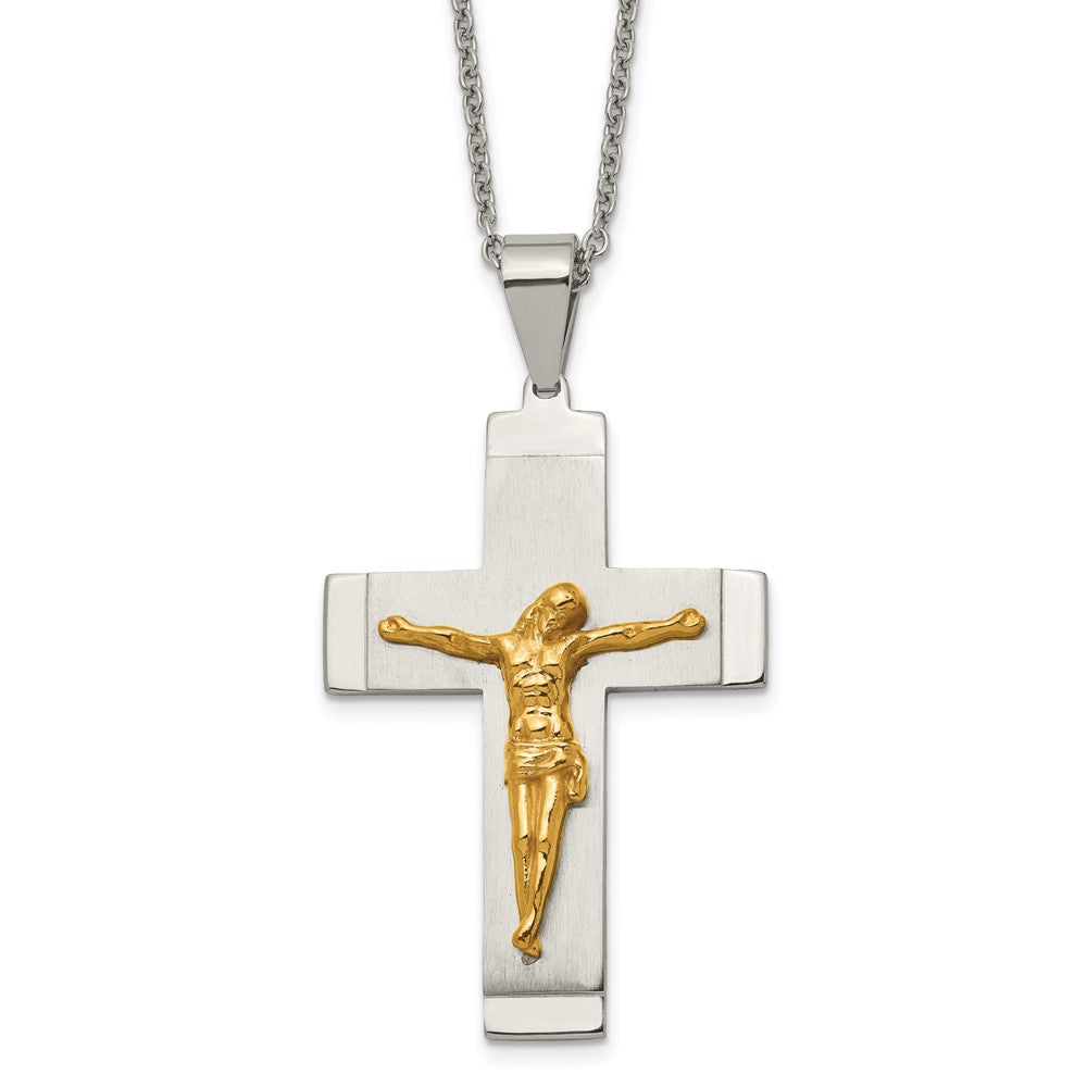 Stainless Steel & Gold Tone Plated Large Crucifix Necklace, 20 Inch, Item N23080 by The Black Bow Jewelry Co.