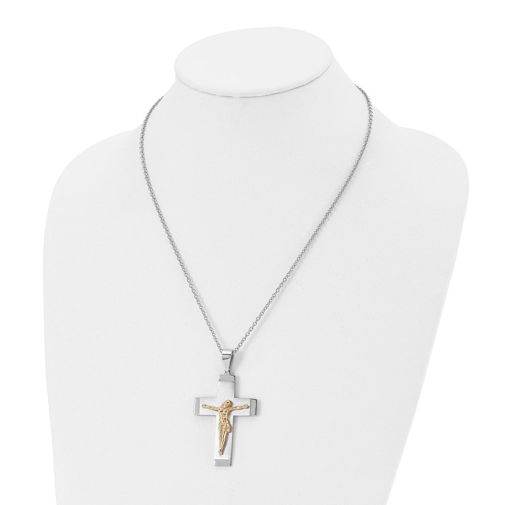 Alternate view of the Stainless Steel & Gold Tone Plated Large Crucifix Necklace, 20 Inch by The Black Bow Jewelry Co.