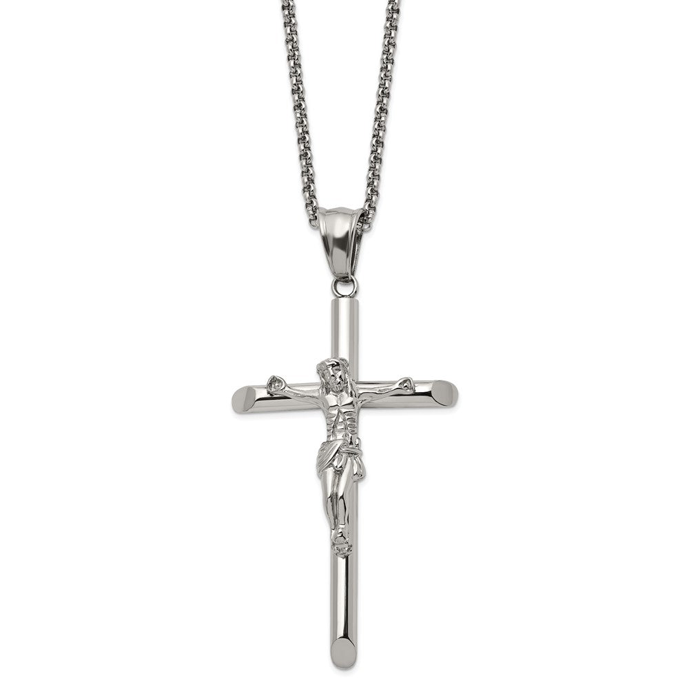 Stainless Steel Large Polished Crucifix Cross Necklace, 22 Inch, Item N23084 by The Black Bow Jewelry Co.