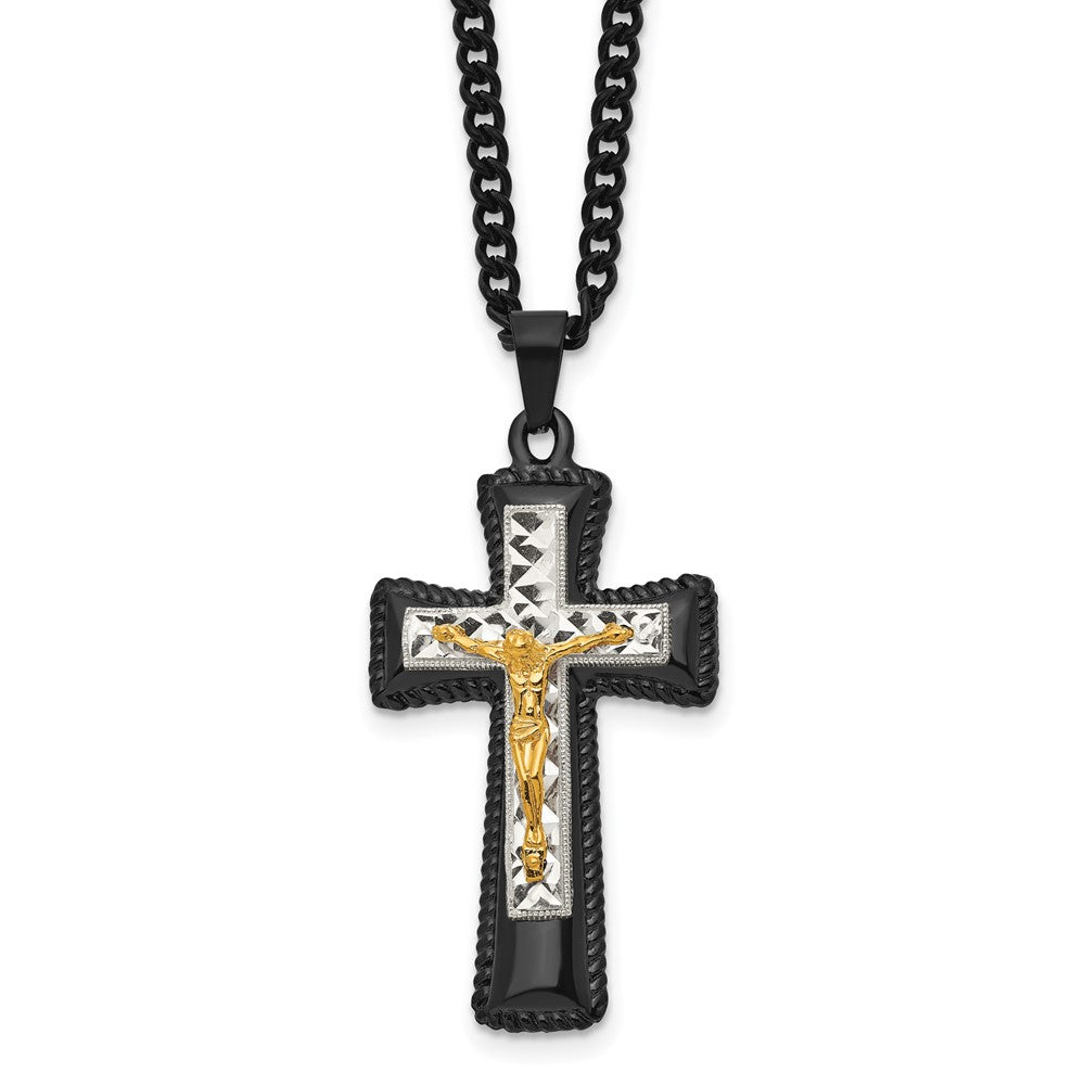 Men's Stainless Steel Tri-Color Crucifix Cross Necklace, 24 Inch, Item N23087 by The Black Bow Jewelry Co.