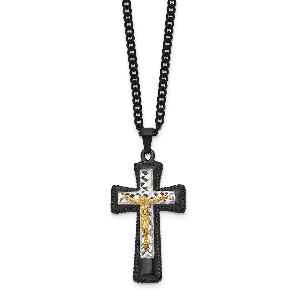 Men's Stainless Steel Tri-Color Crucifix Cross Necklace, 24 Inch