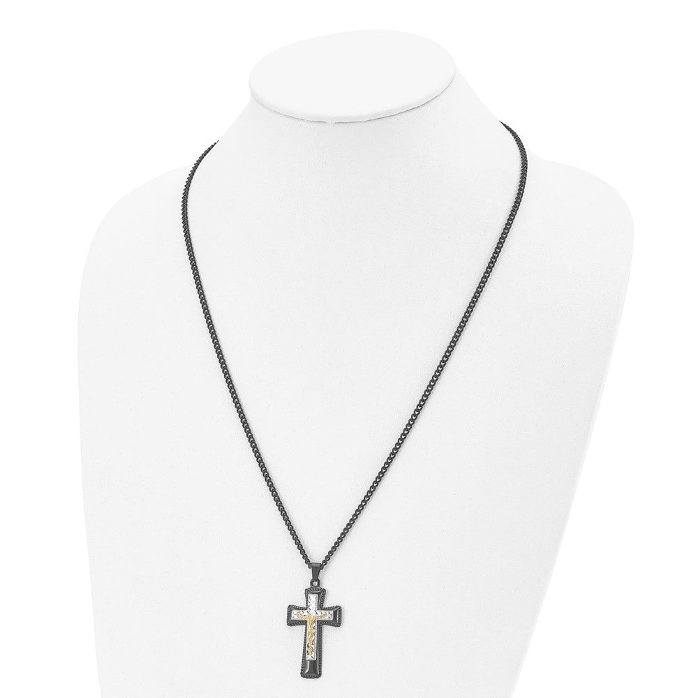 Alternate view of the Men's Stainless Steel Tri-Color Crucifix Cross Necklace, 24 Inch by The Black Bow Jewelry Co.