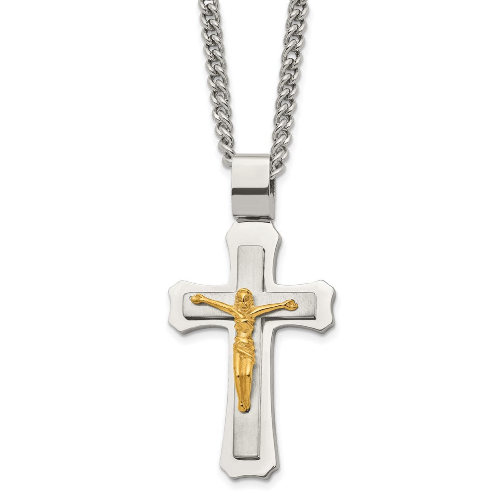 Men&#39;s Stainless Steel &amp; Gold Tone Large Crucifix Necklace, 24 Inch, Item N23089 by The Black Bow Jewelry Co.