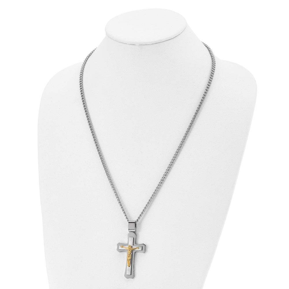 Alternate view of the Men&#39;s Stainless Steel &amp; Gold Tone Large Crucifix Necklace, 24 Inch by The Black Bow Jewelry Co.