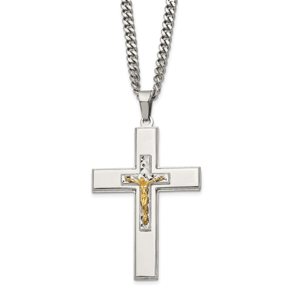 Men&#39;s Stainless Steel &amp; Gold Tone XL Crucifix Necklace, 24 Inch, Item N23090 by The Black Bow Jewelry Co.