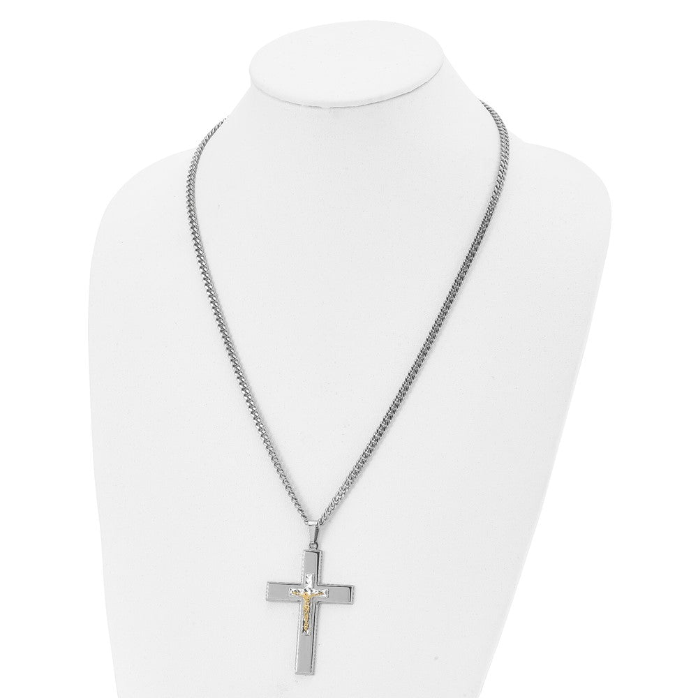 Alternate view of the Men&#39;s Stainless Steel &amp; Gold Tone XL Crucifix Necklace, 24 Inch by The Black Bow Jewelry Co.