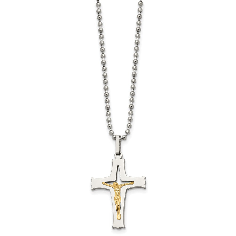 Alternate view of the Stainless Steel & 14k Yellow Gold Accent SM Crucifix Necklace, 22 Inch by The Black Bow Jewelry Co.