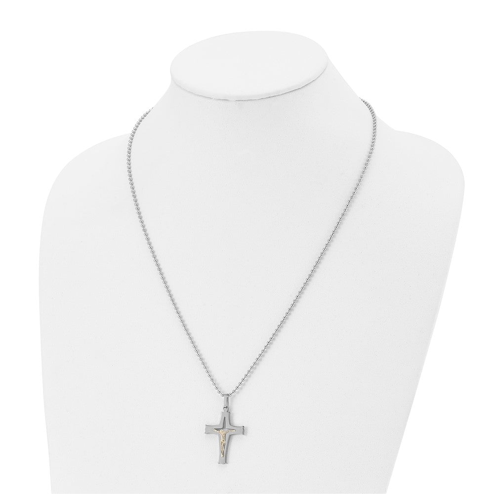 Alternate view of the Stainless Steel & 14k Yellow Gold Accent SM Crucifix Necklace, 22 Inch by The Black Bow Jewelry Co.