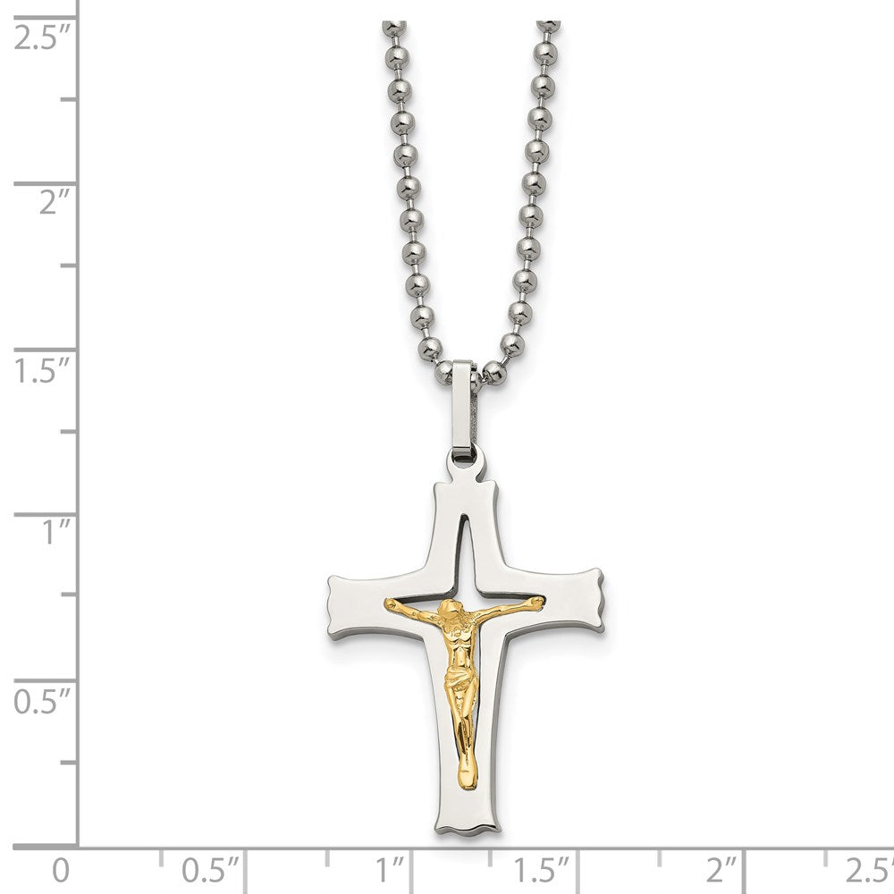 Alternate view of the Stainless Steel & 14k Yellow Gold Accent SM Crucifix Necklace, 22 Inch by The Black Bow Jewelry Co.