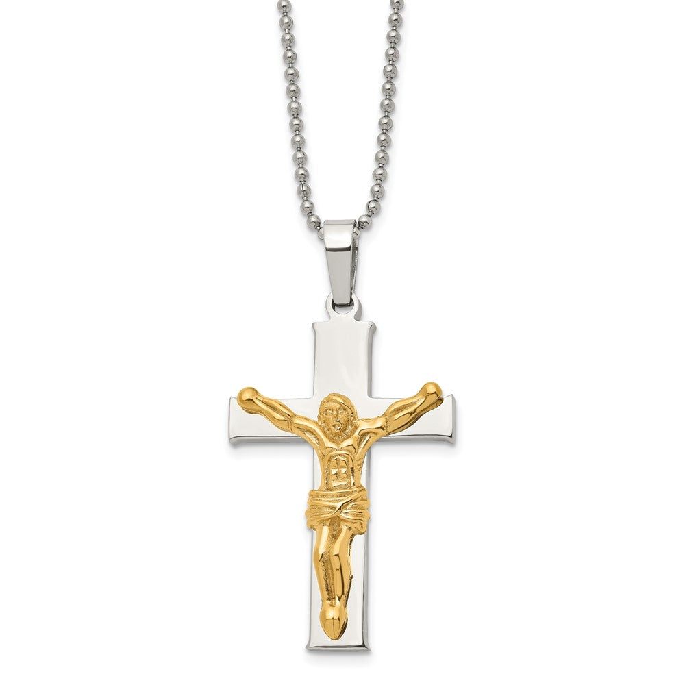 Men&#39;s Stainless Steel Gold Tone Plated Crucifix Necklace, 22 Inch, Item N23093 by The Black Bow Jewelry Co.