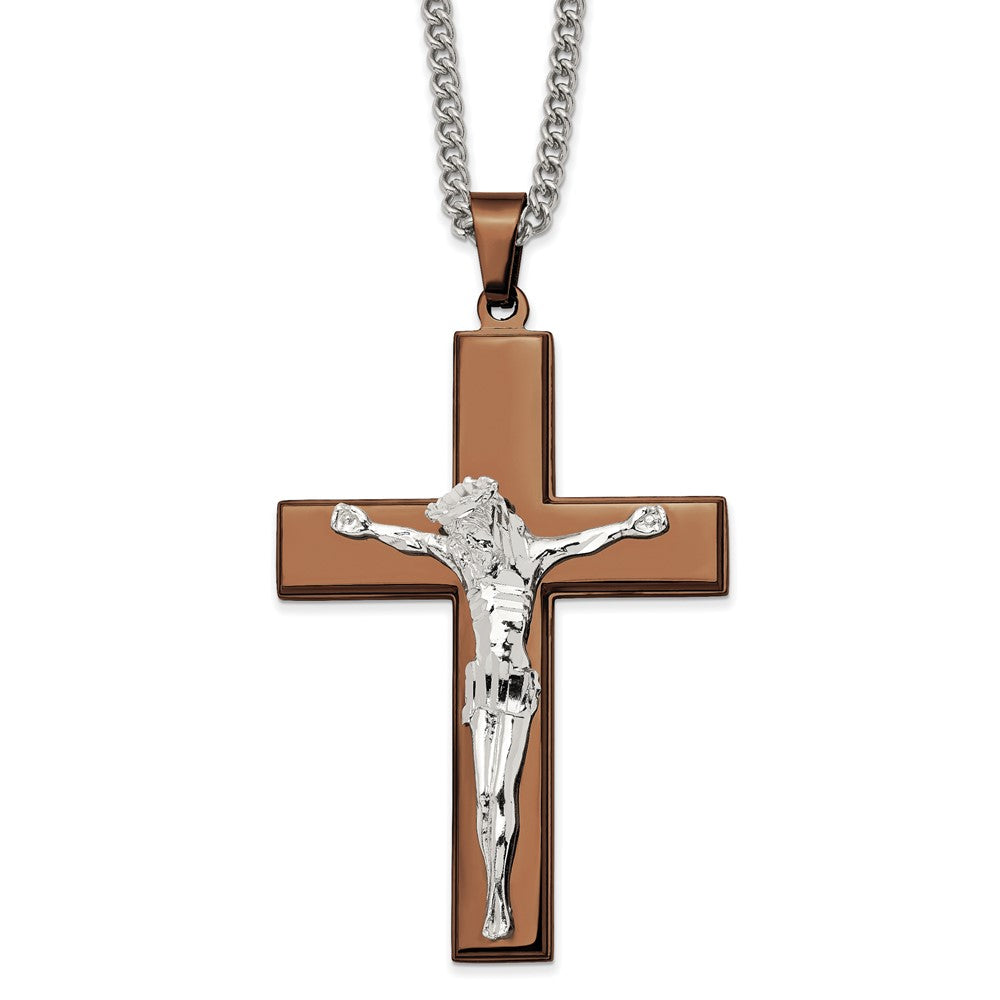 Stainless Steel & Brown IP-Plated Large Crucifix Necklace, 24 Inch, Item N23103 by The Black Bow Jewelry Co.