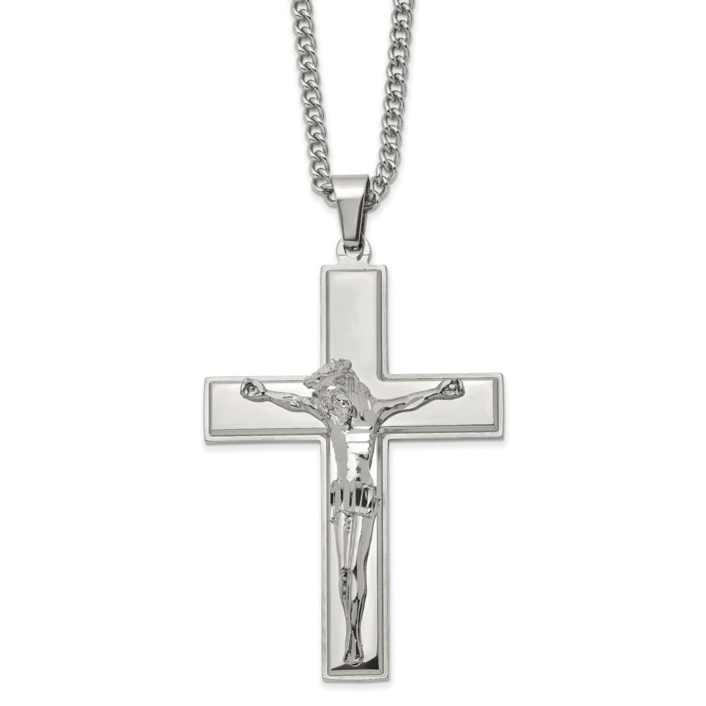 Men's Stainless Steel Large Polished Crucifix Necklace, 24 Inch, Item N23104 by The Black Bow Jewelry Co.