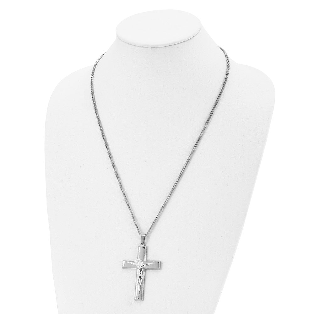 Alternate view of the Men's Stainless Steel Large Polished Crucifix Necklace, 24 Inch by The Black Bow Jewelry Co.