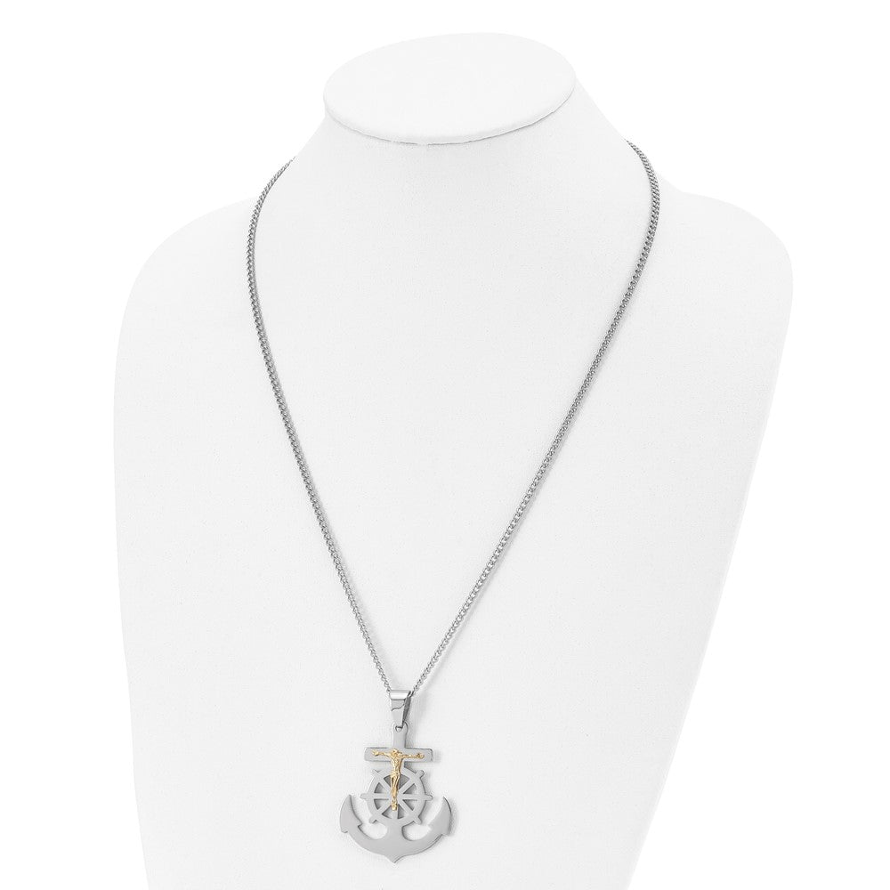 Alternate view of the Stainless Steel &amp; Gold Tone Plated Mariner Crucifix Necklace, 24 Inch by The Black Bow Jewelry Co.