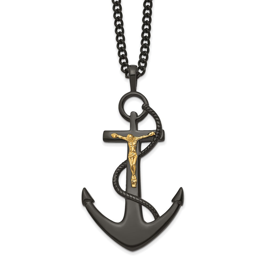 Stainless Steel Black & Gold Tone Plated Crucifix Anchor Necklace 24in, Item N23110 by The Black Bow Jewelry Co.