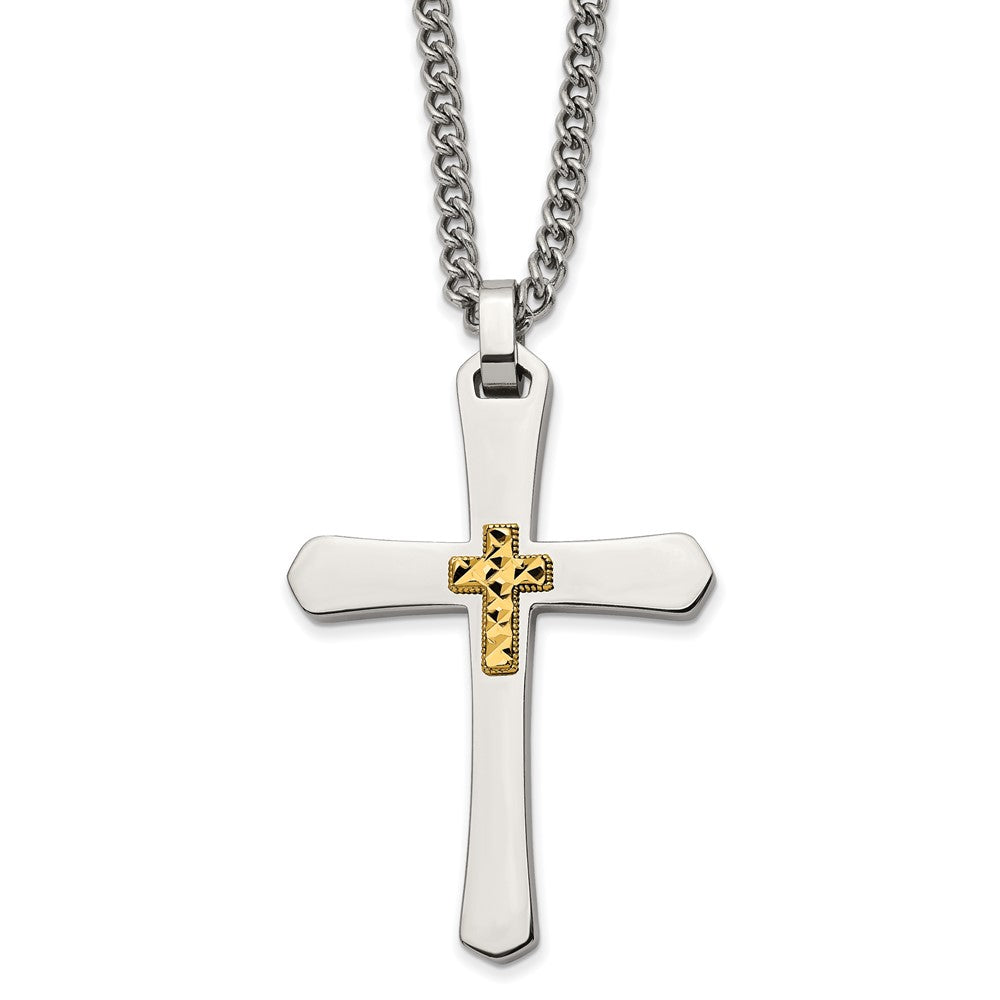 Stainless Steel & 14k Yellow Gold Accent D/C Cross Necklace, 24 Inch, Item N23112 by The Black Bow Jewelry Co.
