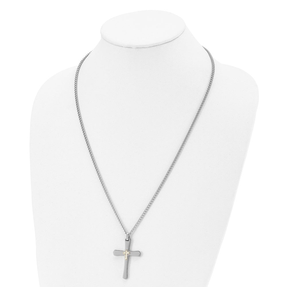 Alternate view of the Stainless Steel & 14k Yellow Gold Accent D/C Cross Necklace, 24 Inch by The Black Bow Jewelry Co.