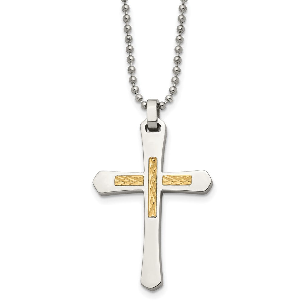 Stainless Steel &amp; 14k Yellow Gold Accent D/C Cross Necklace, 22 Inch, Item N23114 by The Black Bow Jewelry Co.