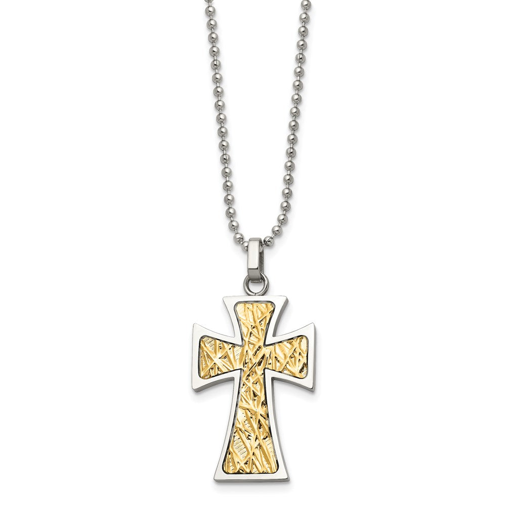 Alternate view of the Stainless Steel & 14k Yellow Gold Accent Maltese Cross Necklace, 22 In by The Black Bow Jewelry Co.