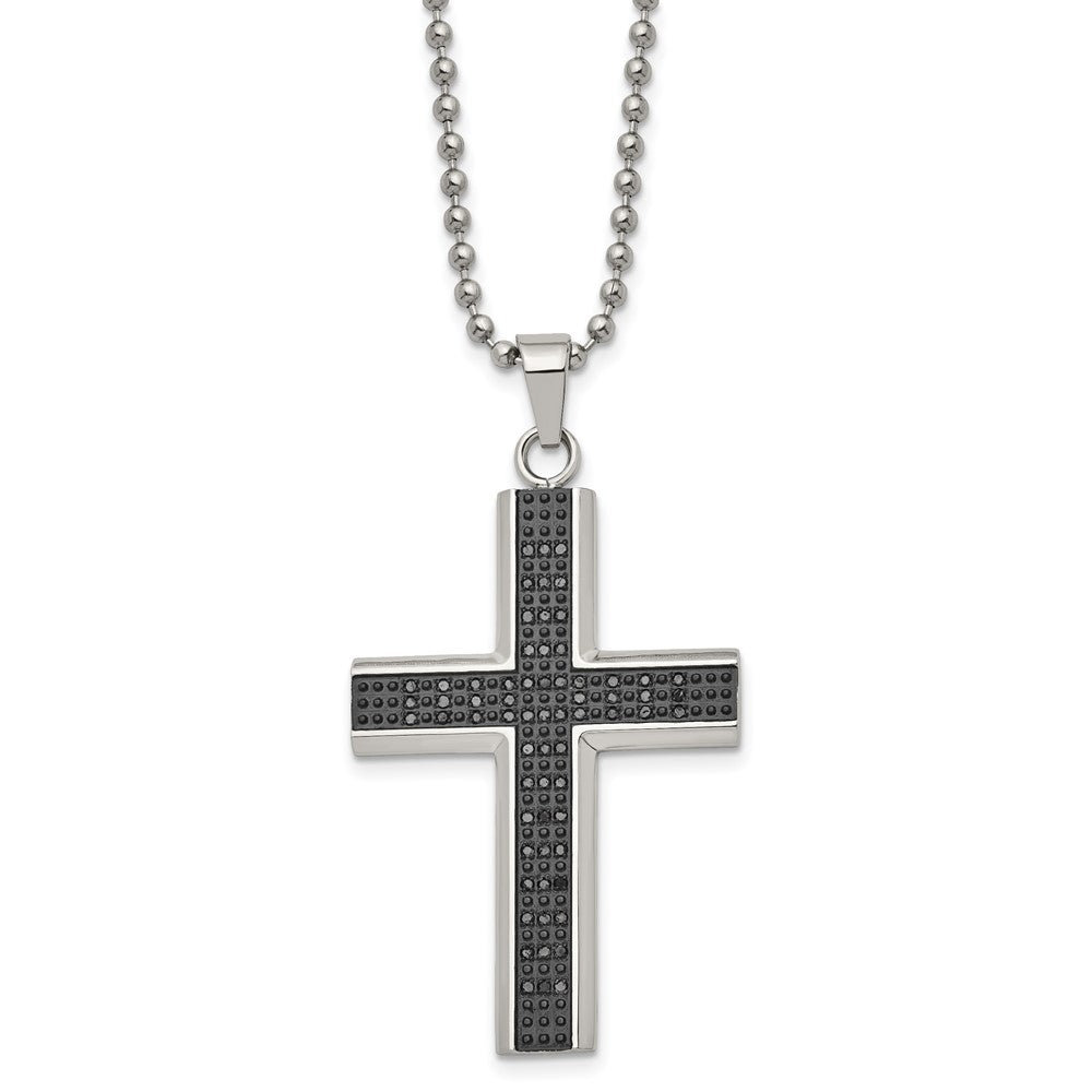 Stainless Steel Black Rhodium Black Diamond Cross Necklace, 24
