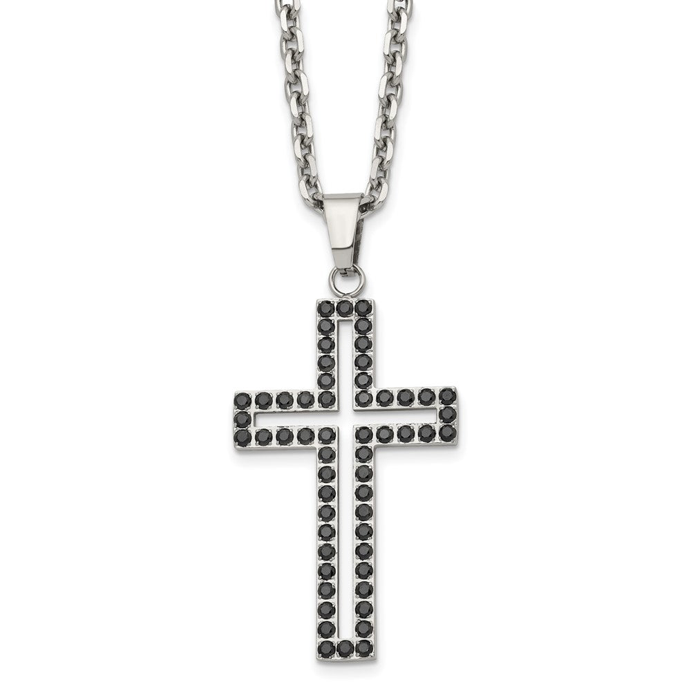Men's Stainless Steel & Black CZ Voided Cross Necklace, 20 Inch, Item N23125 by The Black Bow Jewelry Co.