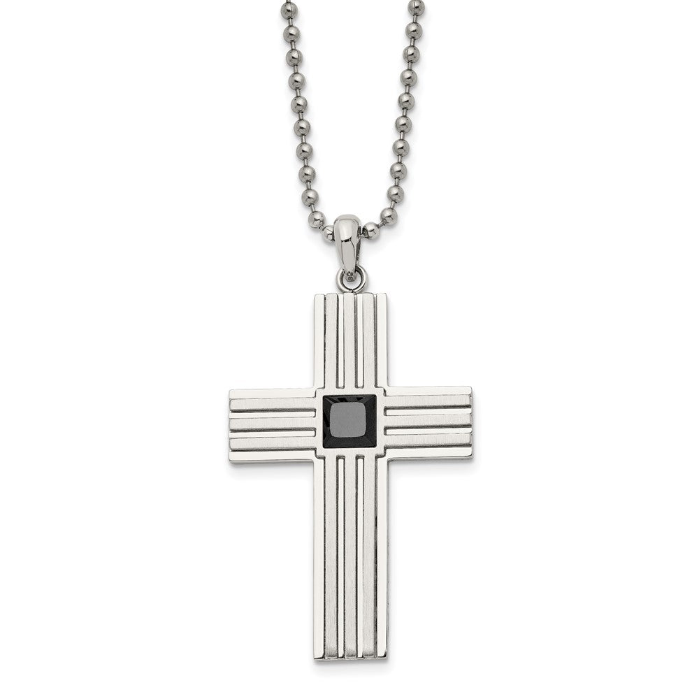 Stainless Steel & Black CZ Brushed & Polished Cross Necklace, 24 Inch, Item N23127 by The Black Bow Jewelry Co.