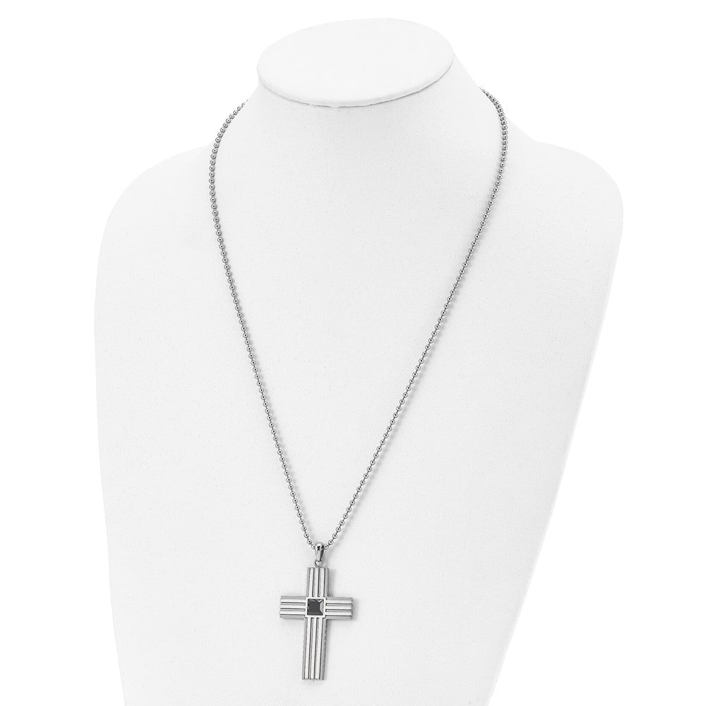 Alternate view of the Stainless Steel & Black CZ Brushed & Polished Cross Necklace, 24 Inch by The Black Bow Jewelry Co.