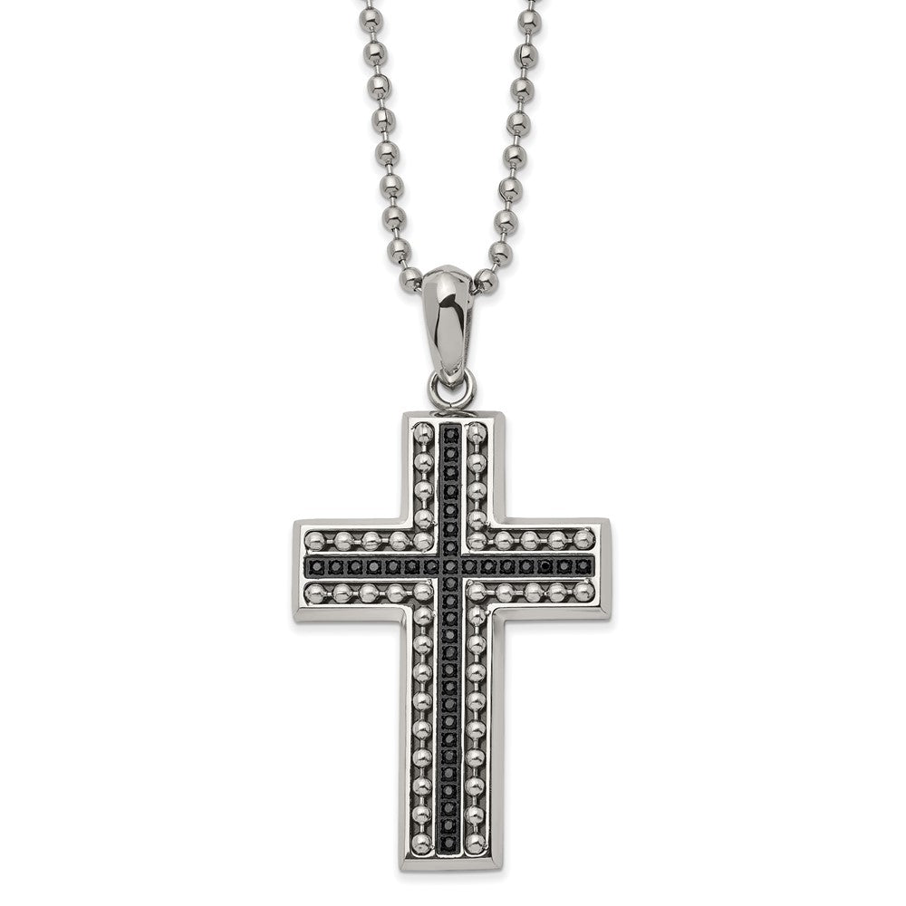 Men's Stainless Steel Black CZ Polished Beaded Cross Necklace, 22 Inch, Item N23129 by The Black Bow Jewelry Co.