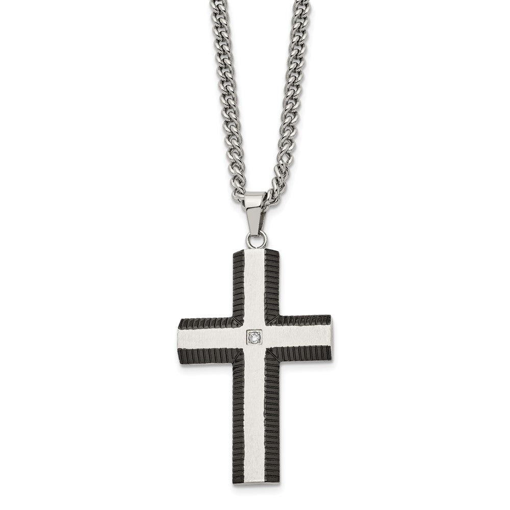 Alternate view of the Stainless Steel, Black Plated & CZ Brushed Cross Necklace, 22 Inch by The Black Bow Jewelry Co.