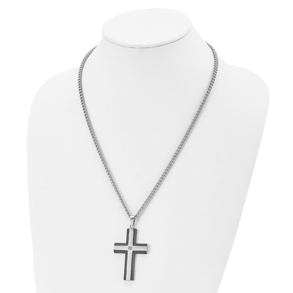 Alternate view of the Stainless Steel, Black Plated & CZ Brushed Cross Necklace, 22 Inch by The Black Bow Jewelry Co.