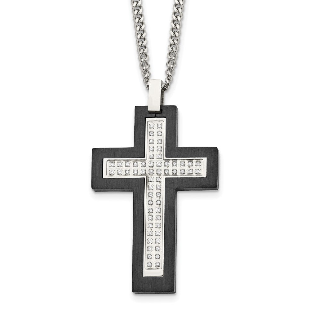 Men's Stainless Steel, Black Plated & CZ Cross Necklace, 24 Inch, Item N23132 by The Black Bow Jewelry Co.