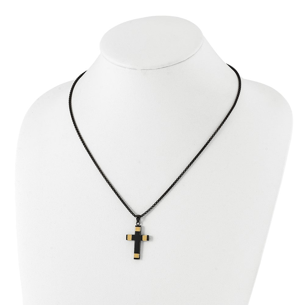 Alternate view of the Stainless Steel Black and Gold Tone Plated Cross Necklace, 19.75 Inch by The Black Bow Jewelry Co.