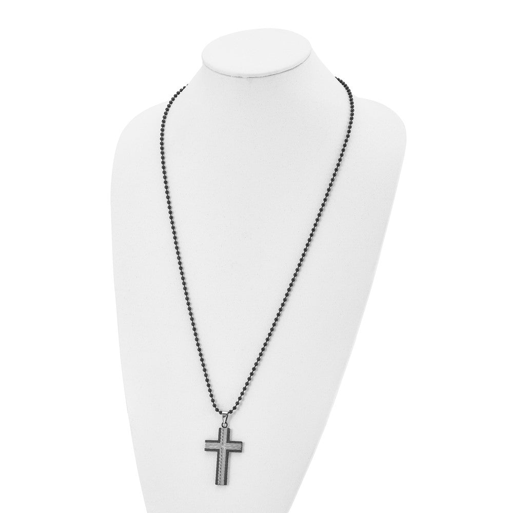 Alternate view of the Stainless Steel & CZ Polished & Black Plated Cross Necklace, 30 Inch by The Black Bow Jewelry Co.