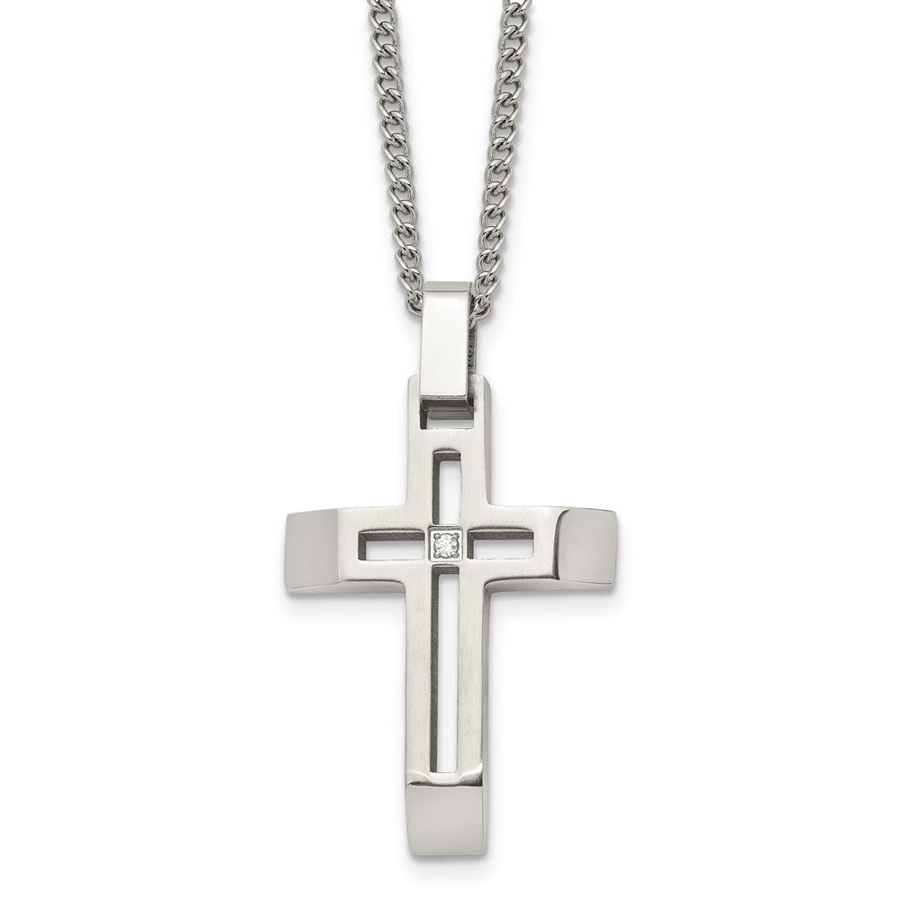 Stainless Steel & CZ Brushed/Polished Beveled Cross Necklace, 22 Inch, Item N23137 by The Black Bow Jewelry Co.