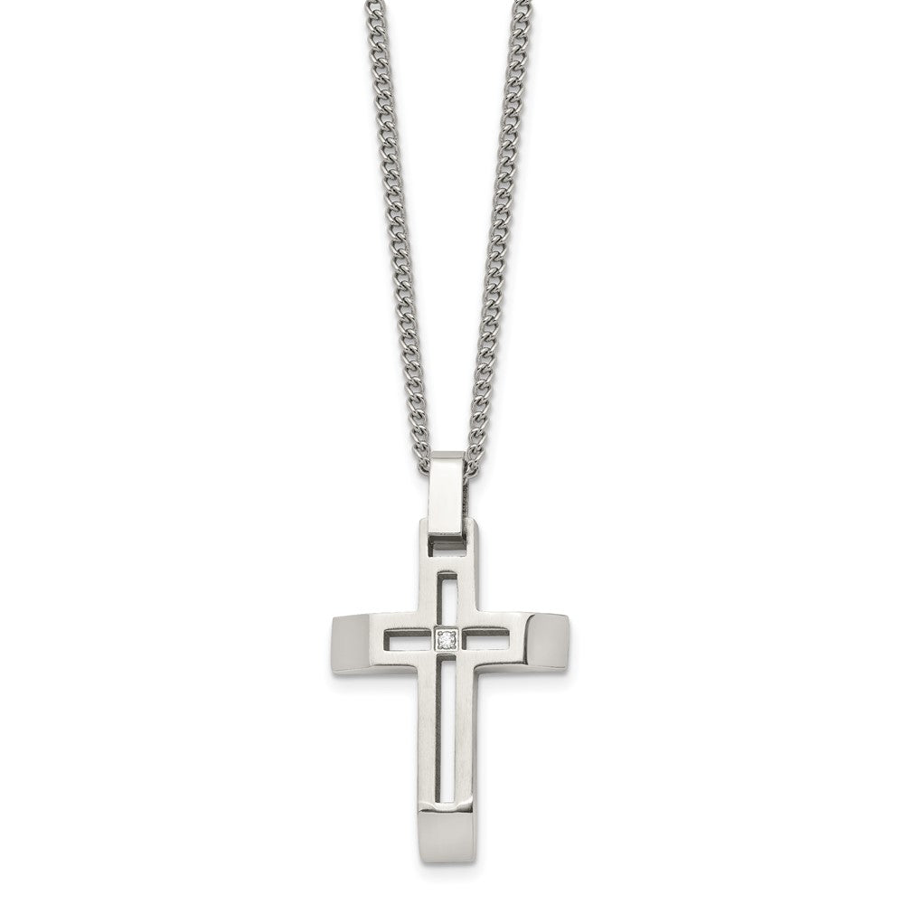 Alternate view of the Stainless Steel & CZ Brushed/Polished Beveled Cross Necklace, 22 Inch by The Black Bow Jewelry Co.