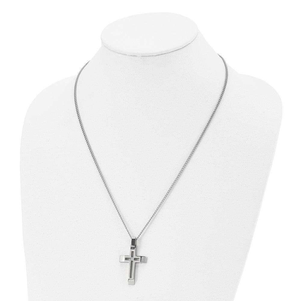Alternate view of the Stainless Steel & CZ Brushed/Polished Beveled Cross Necklace, 22 Inch by The Black Bow Jewelry Co.