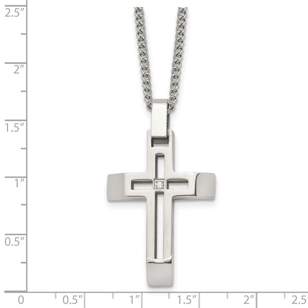 Alternate view of the Stainless Steel & CZ Brushed/Polished Beveled Cross Necklace, 22 Inch by The Black Bow Jewelry Co.