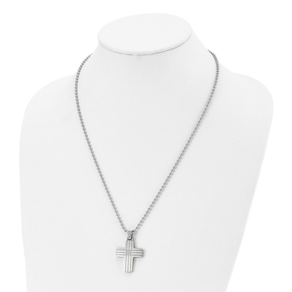 Alternate view of the Men's Stainless Steel & CZ Grooved Cross Necklace, 22 Inch by The Black Bow Jewelry Co.